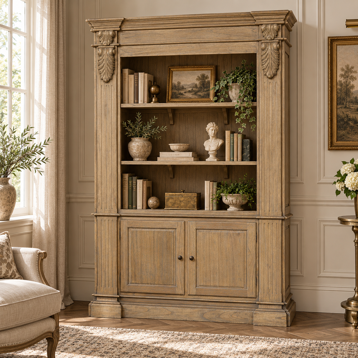Théodore large rustic open bookcase in hand-carved white cedar wood, styled with books in a sunlit classic living room