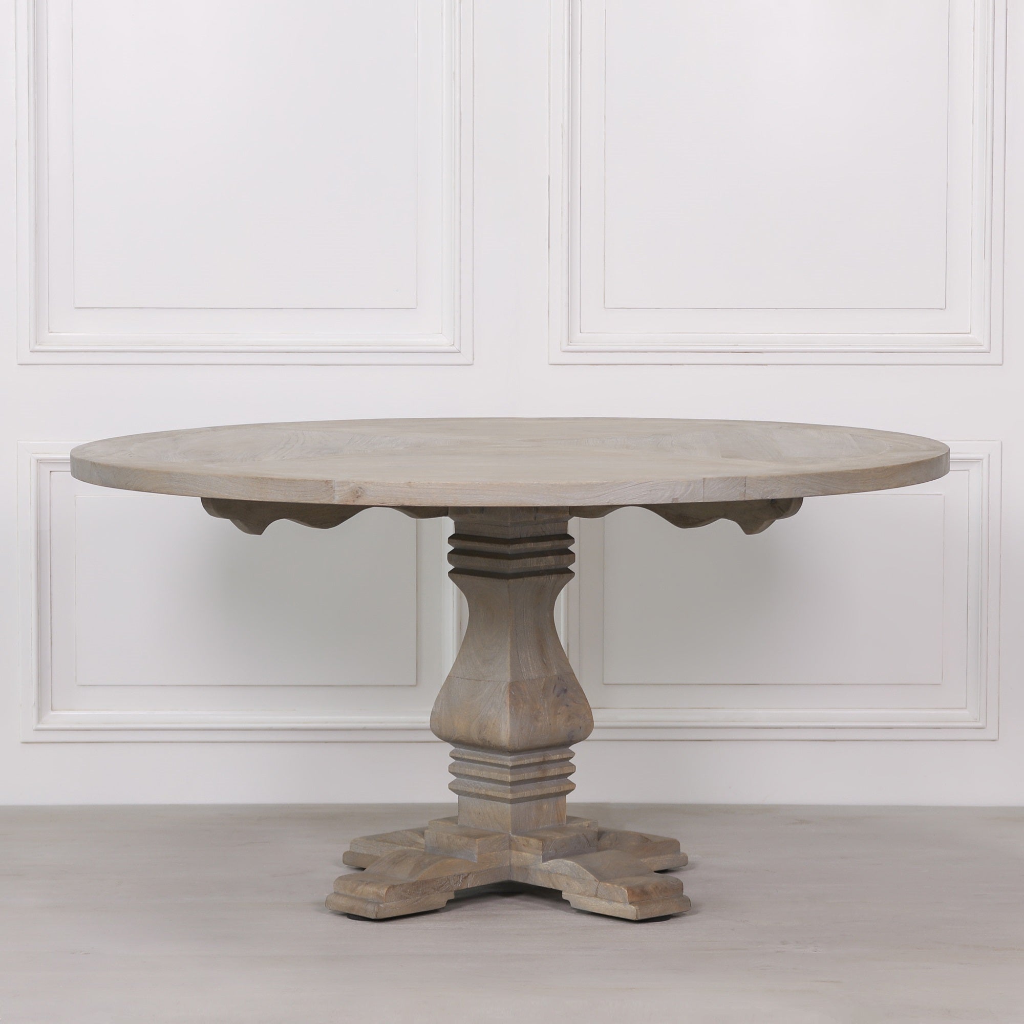 Front view of the Théodore Round Pedestal Dining Table for 6 in Rustic White Cedar Style featuring a generously sized round tabletop, handcrafted pedestal base, rustic wood finish and timeless farmhouse-inspired design ideal for family dining and entertaining.
