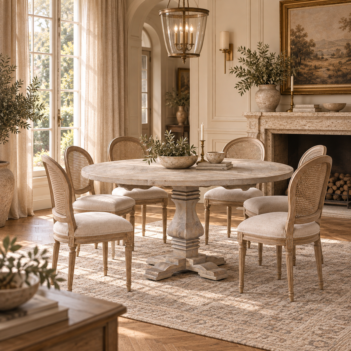 Rustic white round pedestal dining table for 6 in a sunlit dining room with cane chairs, rug and fireplace.