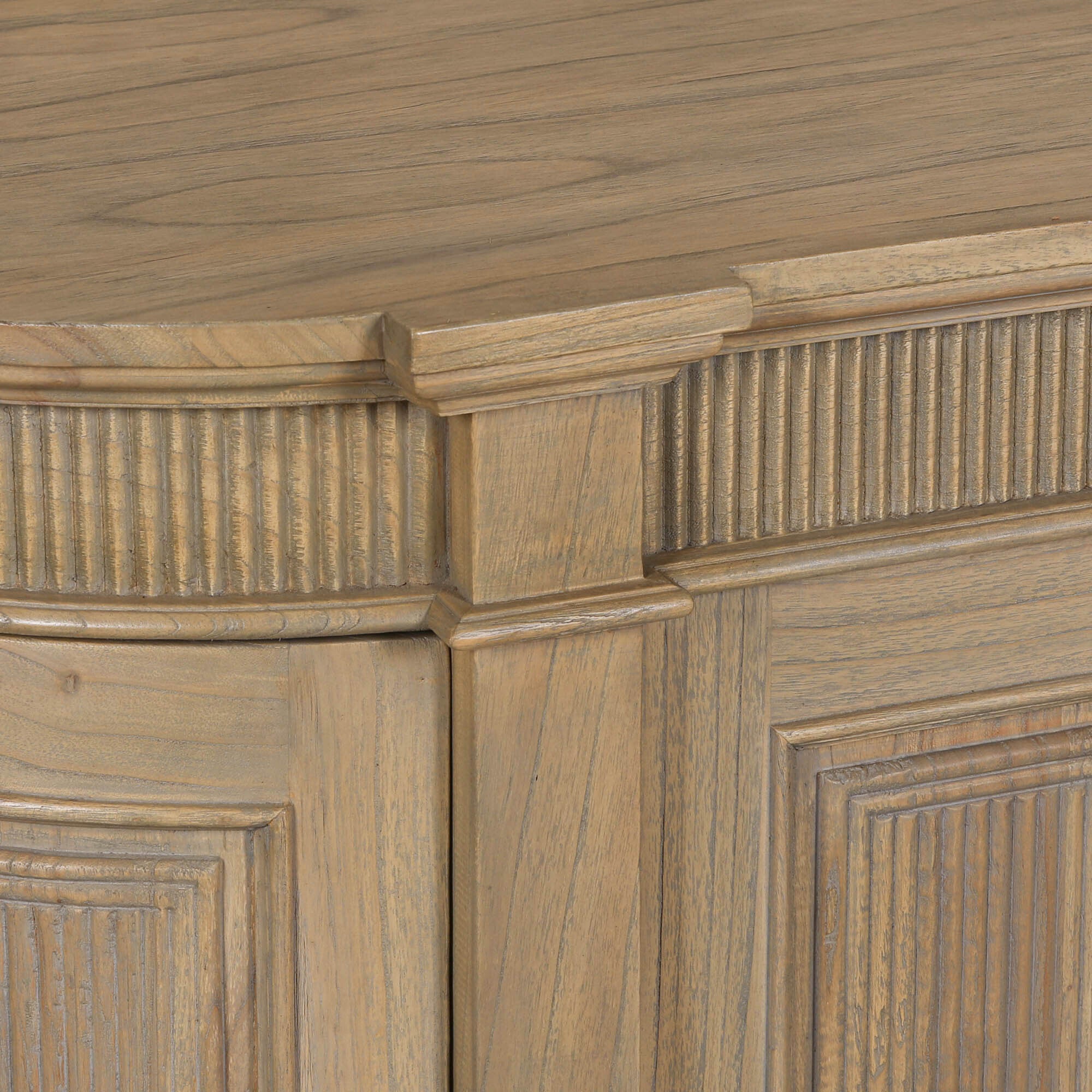 Detailed close-up of the Théodore Rustic Fluted Buffet Sideboard highlighting hand-carved fluted mouldings, curved profile, textured white cedar wood grain and premium artisan craftsmanship.