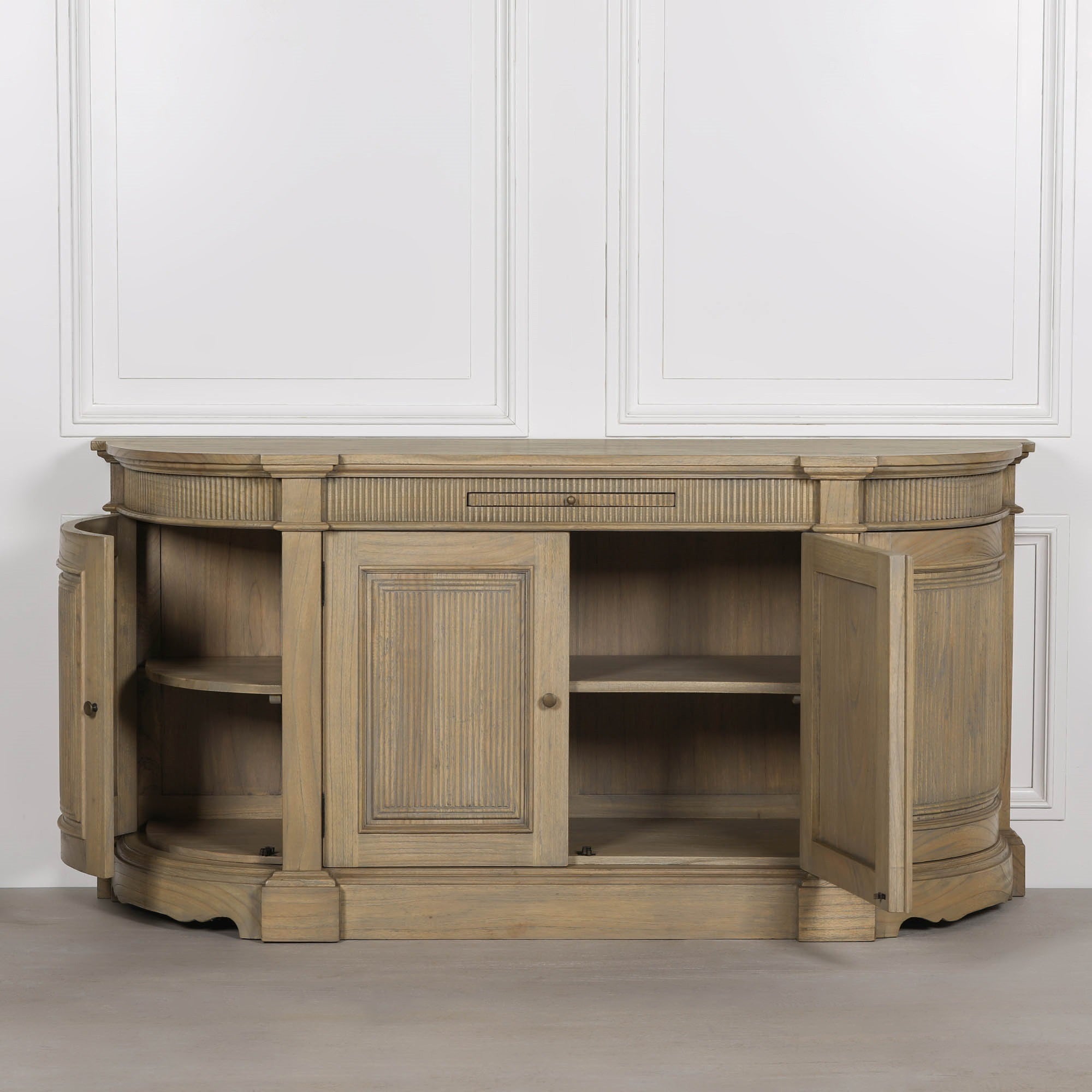 Théodore Rustic Fluted Buffet Sideboard with cabinet doors open displaying spacious internal shelving, handcrafted white cedar wood construction and functional buffet storage for dining room organisation.