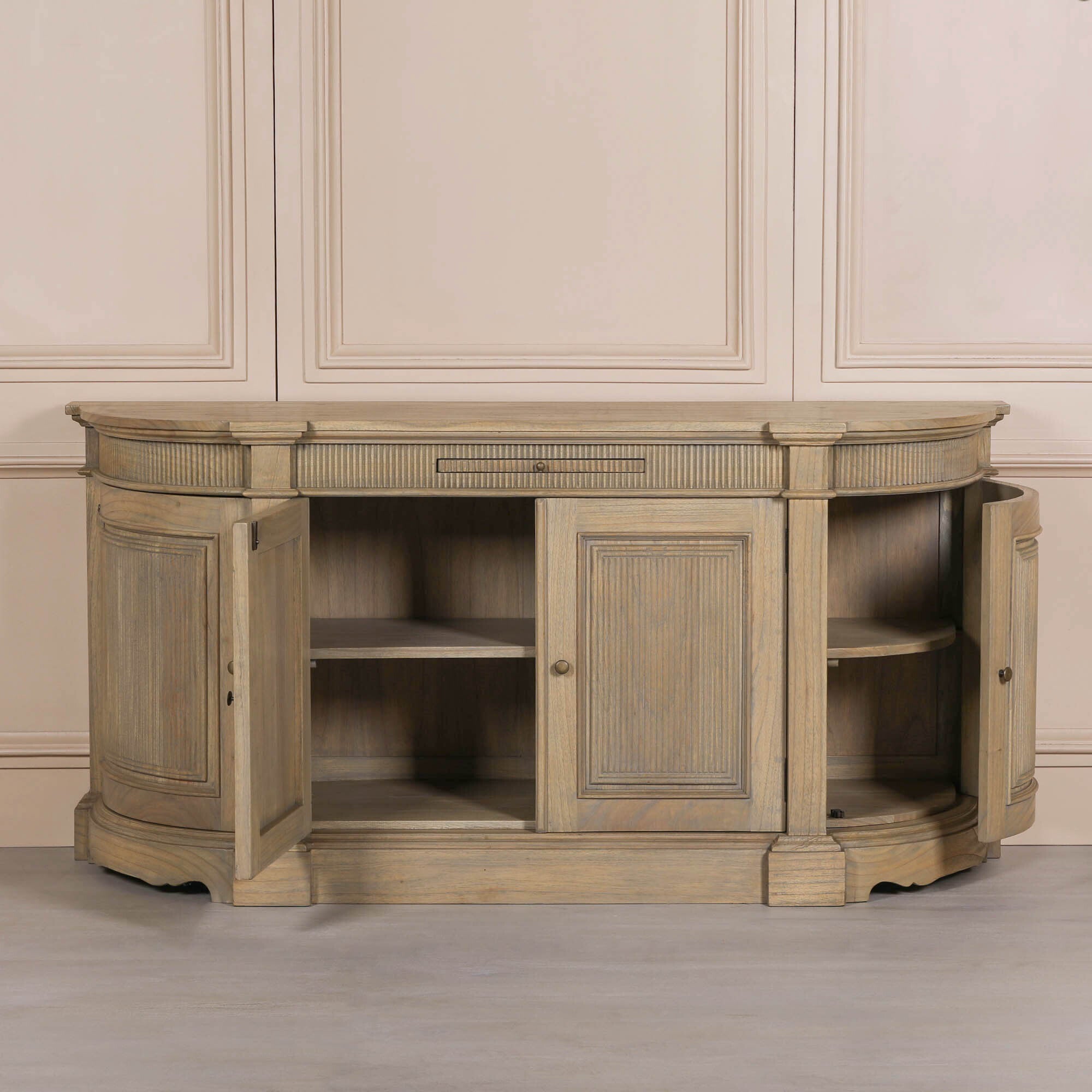Théodore Rustic Fluted Buffet Sideboard with doors open revealing generous internal shelving, handcrafted white cedar wood construction and versatile concealed storage for dining room essentials.