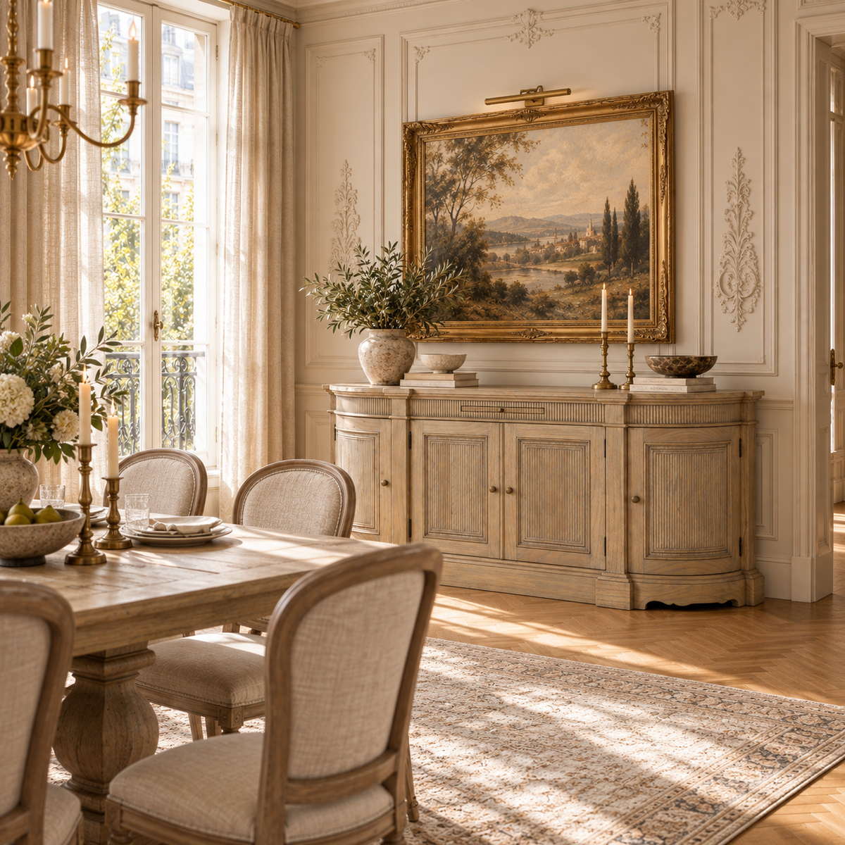 Théodore rustic fluted buffet sideboard in hand-carved white cedar wood in a sunlit dining room with artwork and rug.
