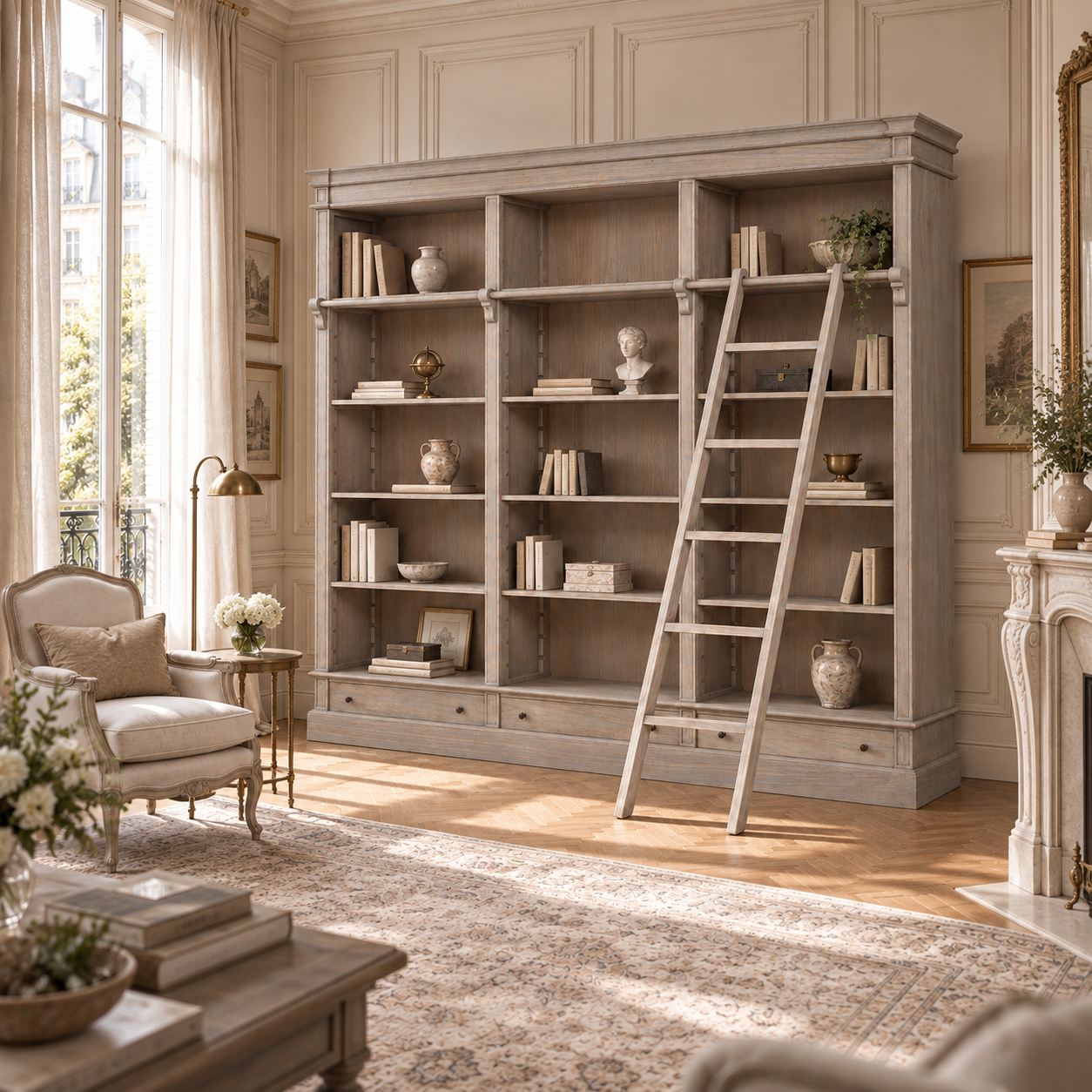 Rustic white cedar library bookcase with ladder and open shelves in a French salon with fireplace, armchair and patterned rug.