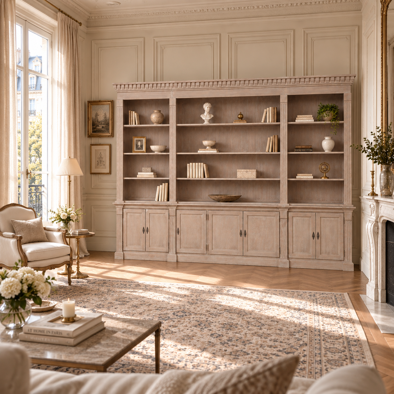 Rustic white cedar triple bookcase with open shelves and lower storage in a bright French salon with armchair and fireplace.