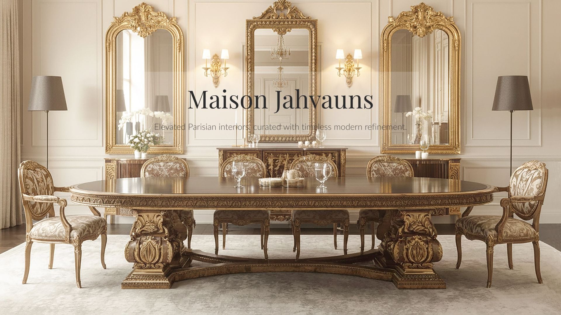 Luxury Parisian dining room interior with ornate carved table, gold mirrors and refined décor by Maison Jahvauns.