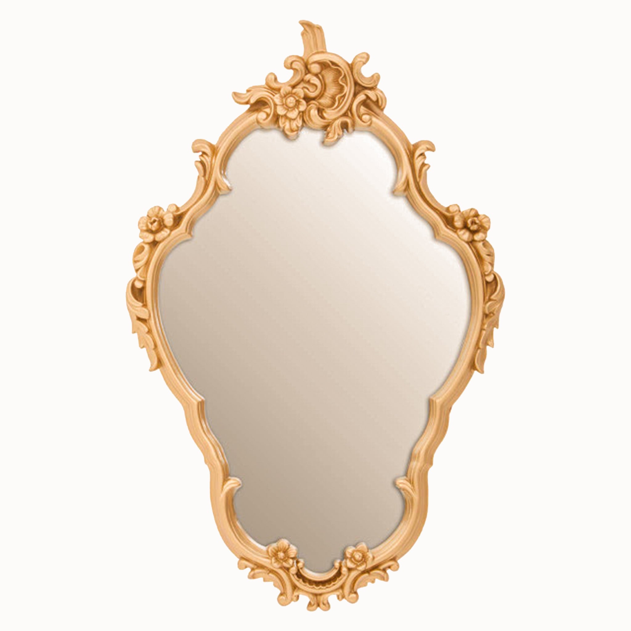 Valère Baroque wall mirror featuring an ornate gold gilded frame with intricate floral carvings, decorative scrollwork and an elegant shaped mirror, ideal as a luxury statement wall mirror for living rooms, bedrooms and hallways.