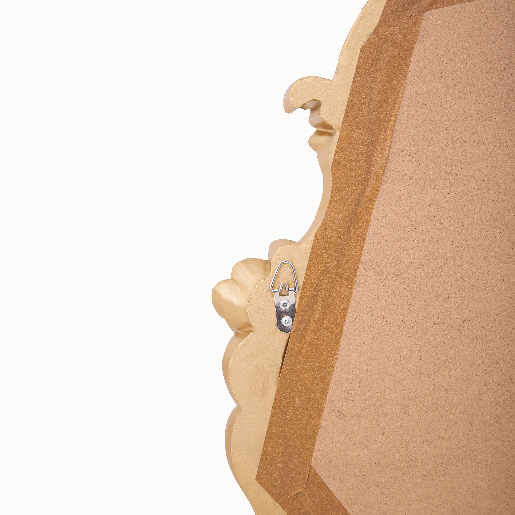 Rear view of the Valère Baroque wall mirror displaying the sturdy wooden backing, secure wall hanging fittings and robust construction behind the ornate gold gilded decorative frame.