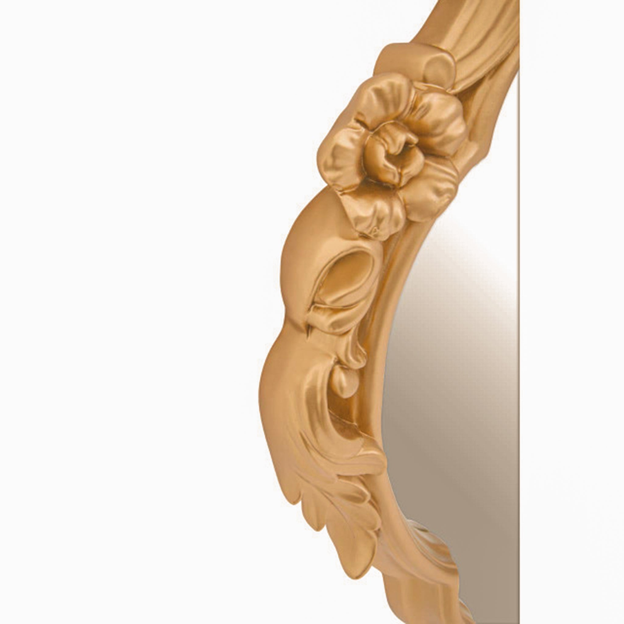 Side detail of the Valère Baroque wall mirror showing the sculpted gold gilded frame with carved floral motifs, flowing Baroque curves and premium decorative craftsmanship.