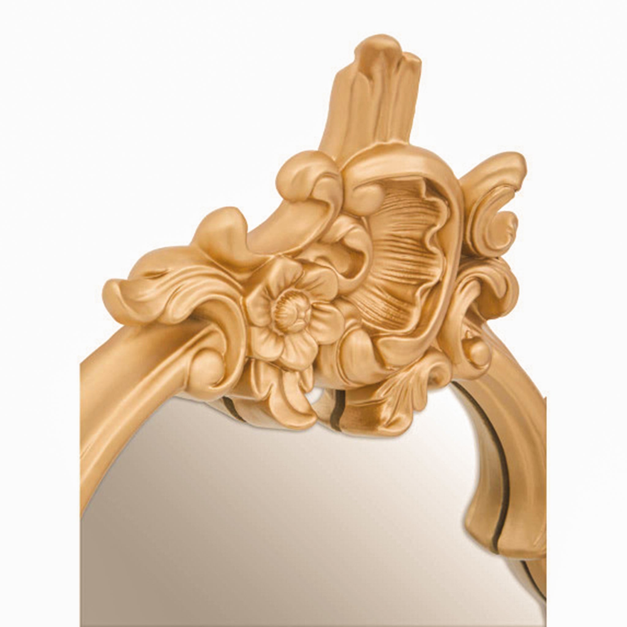 Close-up of the Valère Baroque wall mirror highlighting the hand-finished gold gilded crest with intricate floral carvings, scrolling acanthus details and luxurious Baroque craftsmanship.
