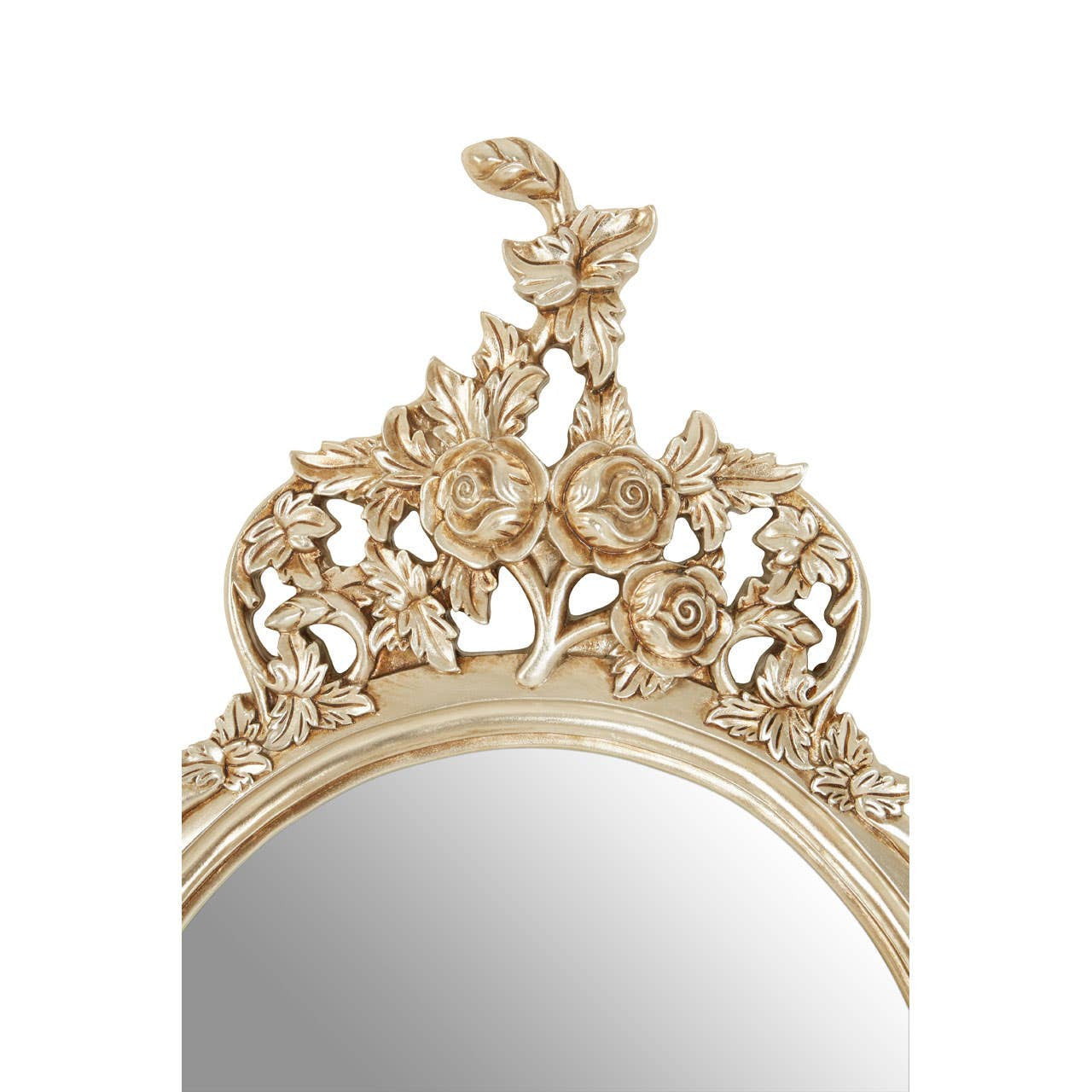 Close-up of the Valère Round Wall Mirror highlighting the ornate champagne gilded floral crest with carved roses, scrolling foliage and neoclassical craftsmanship for a premium decorative wall mirror.
