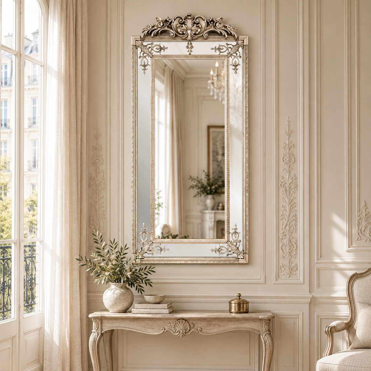 Valère champagne gilded wall mirror above a carved console in a bright Parisian room with cream panelled walls.