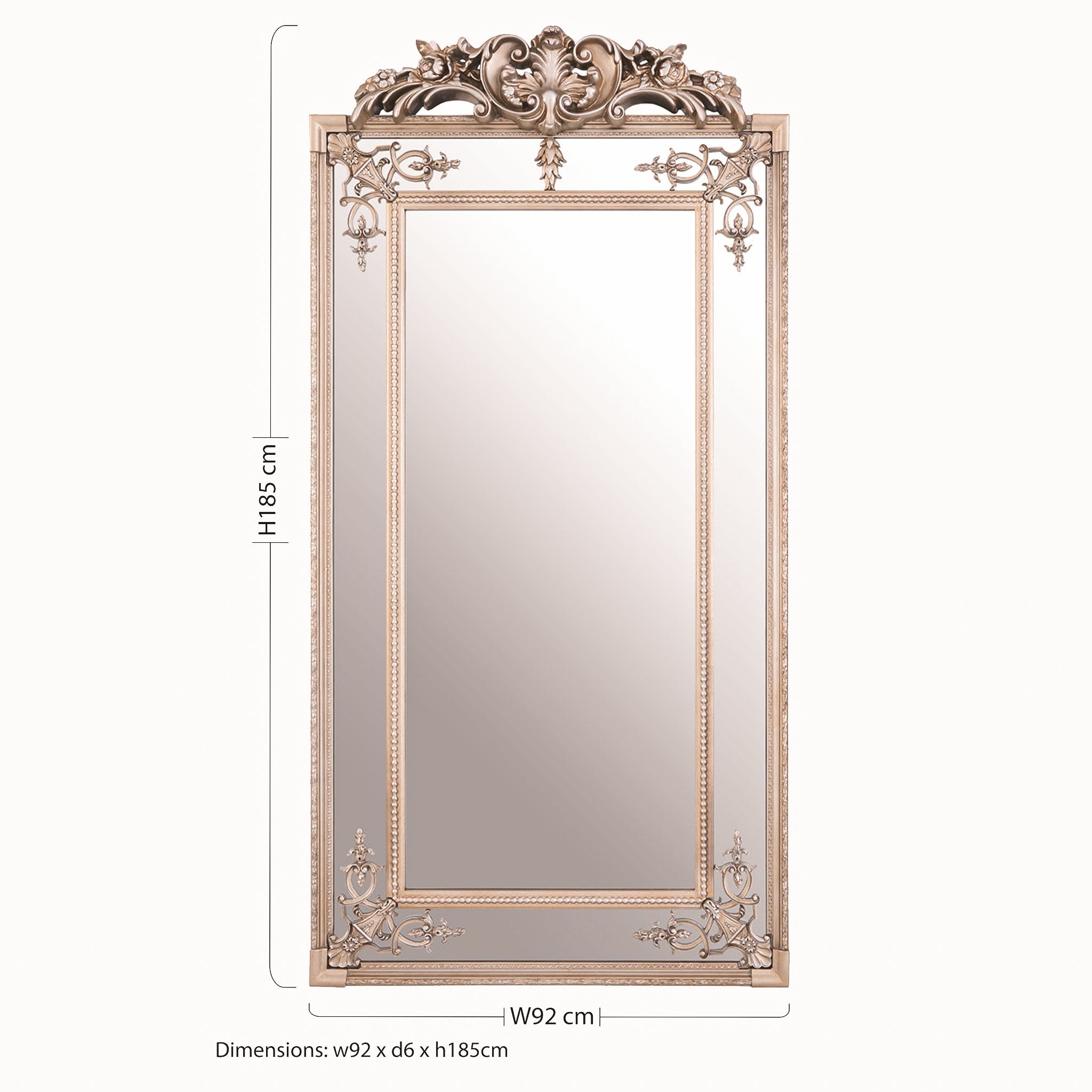 Valère large ornate champagne gilded wall mirror measuring 185cm high and 92cm wide, with a tall rectangular shape, decorative crest and intricate floral frame detailing.