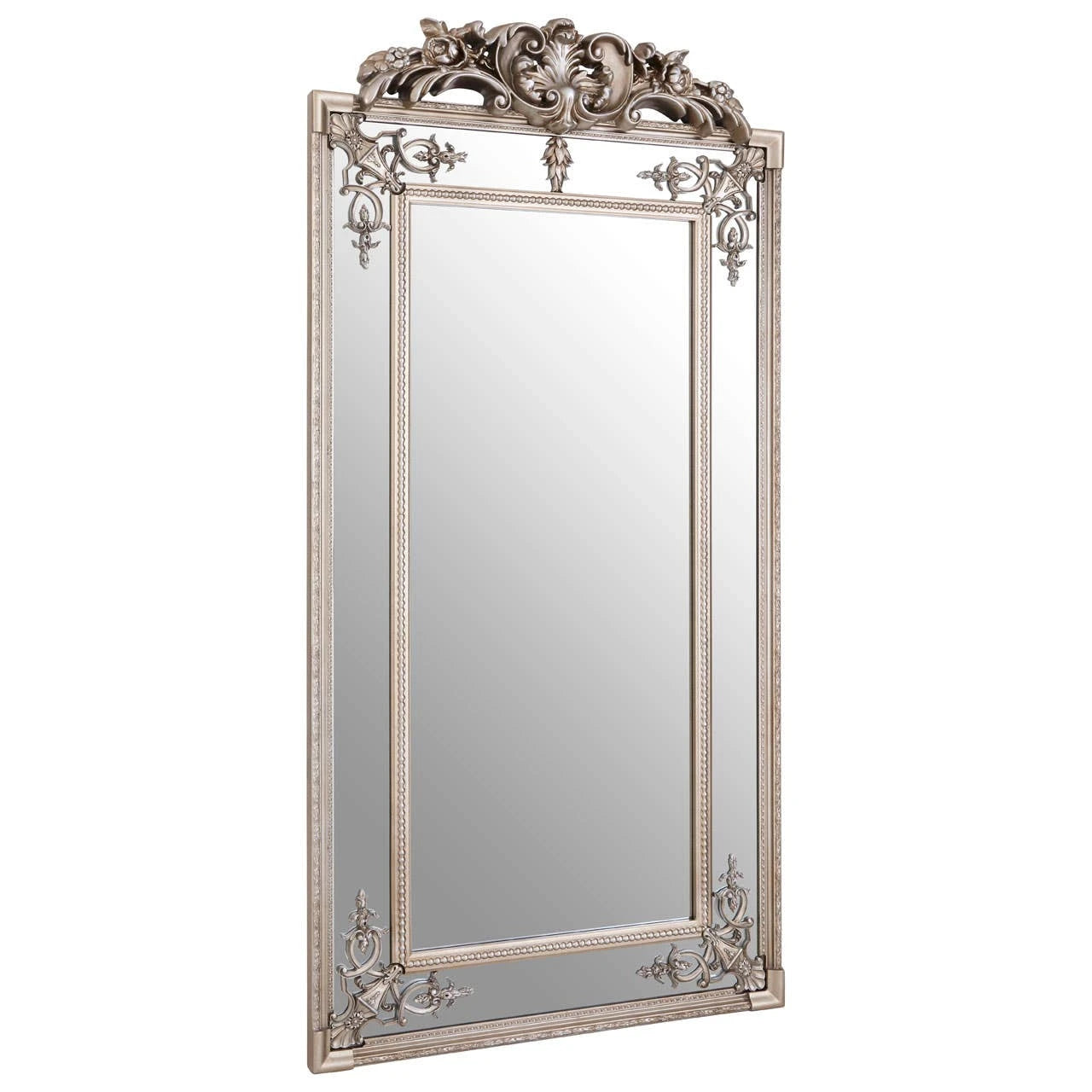 Valère ornate champagne wall mirror shown at an angle, highlighting the tall rectangular frame on white.