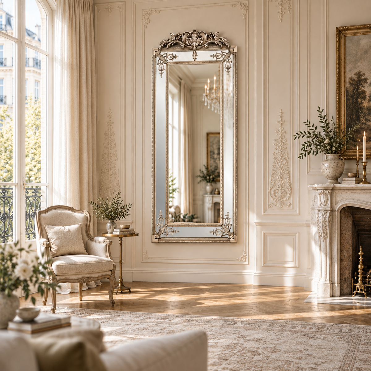 Valère ornate champagne wall mirror beside a fireplace in a sunlit French-style living room with cream walls.