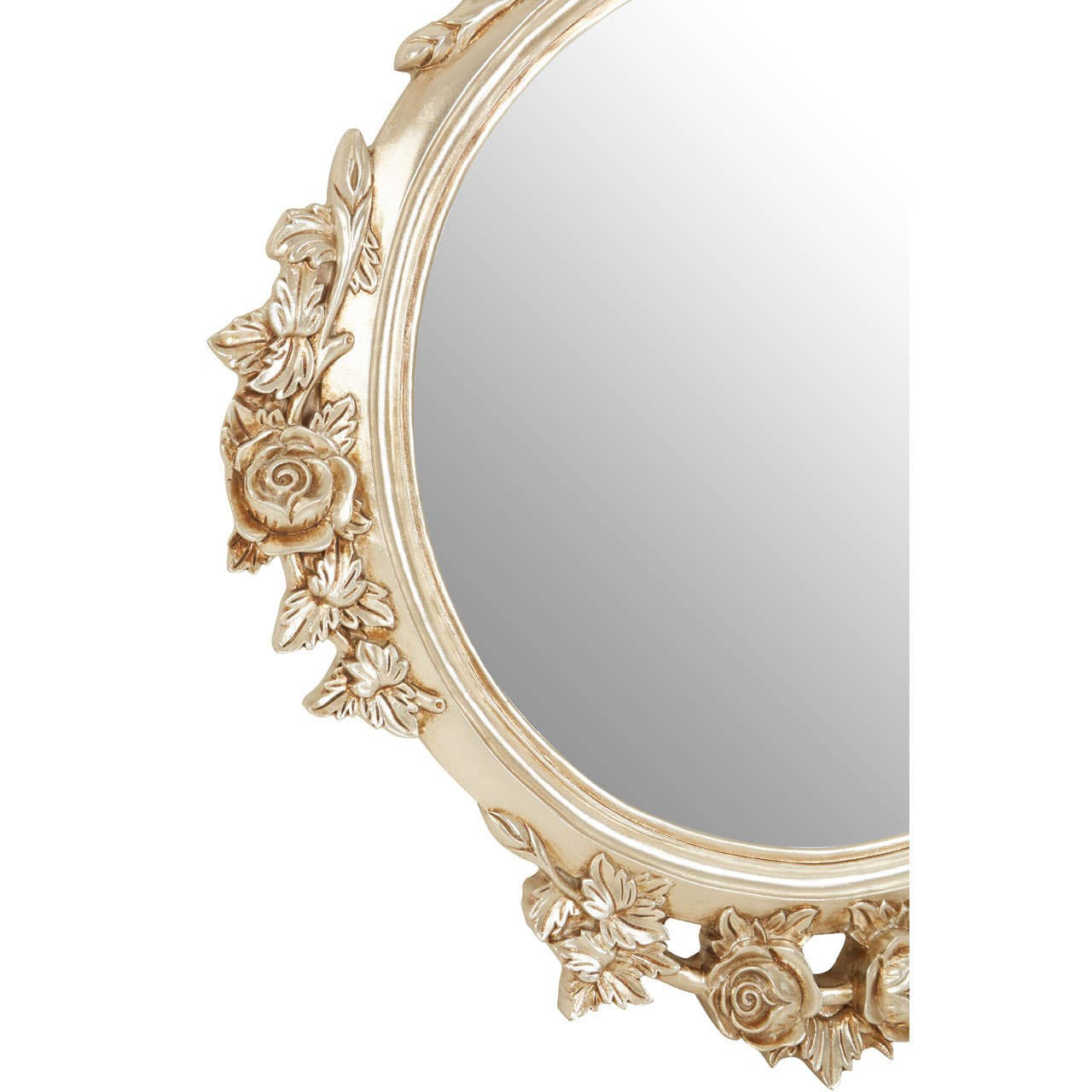 Detailed side view of the Valère Round Wall Mirror featuring the elegant champagne gilded frame with hand-carved floral embellishments, botanical leaf motifs and luxurious neoclassical decorative detailing.