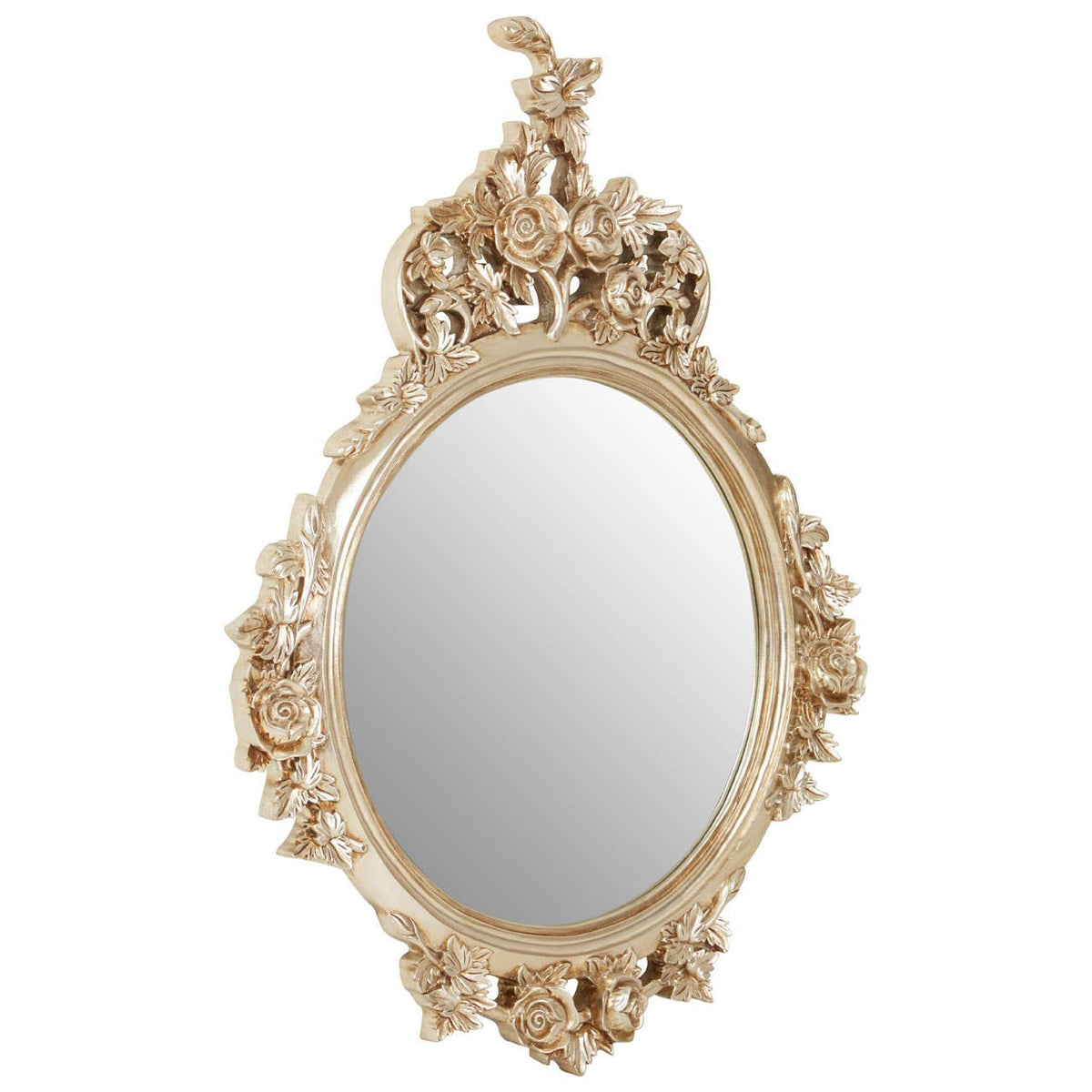Angled view of the Valère Round Wall Mirror showcasing the sculpted champagne gilded frame with intricate floral garland detailing, decorative roses and neoclassical styling for timeless luxury home décor.