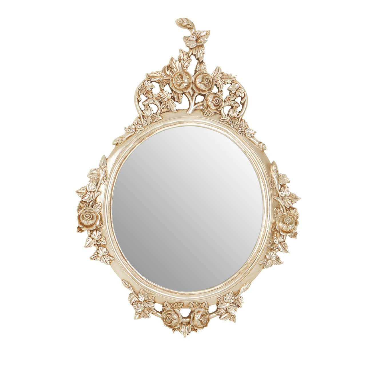 Front view of the Valère Round Wall Mirror featuring an ornate champagne gilded neoclassical frame with hand-carved floral and botanical detailing, creating a luxury statement wall mirror for elegant living rooms, bedrooms, hallways and classic interiors.