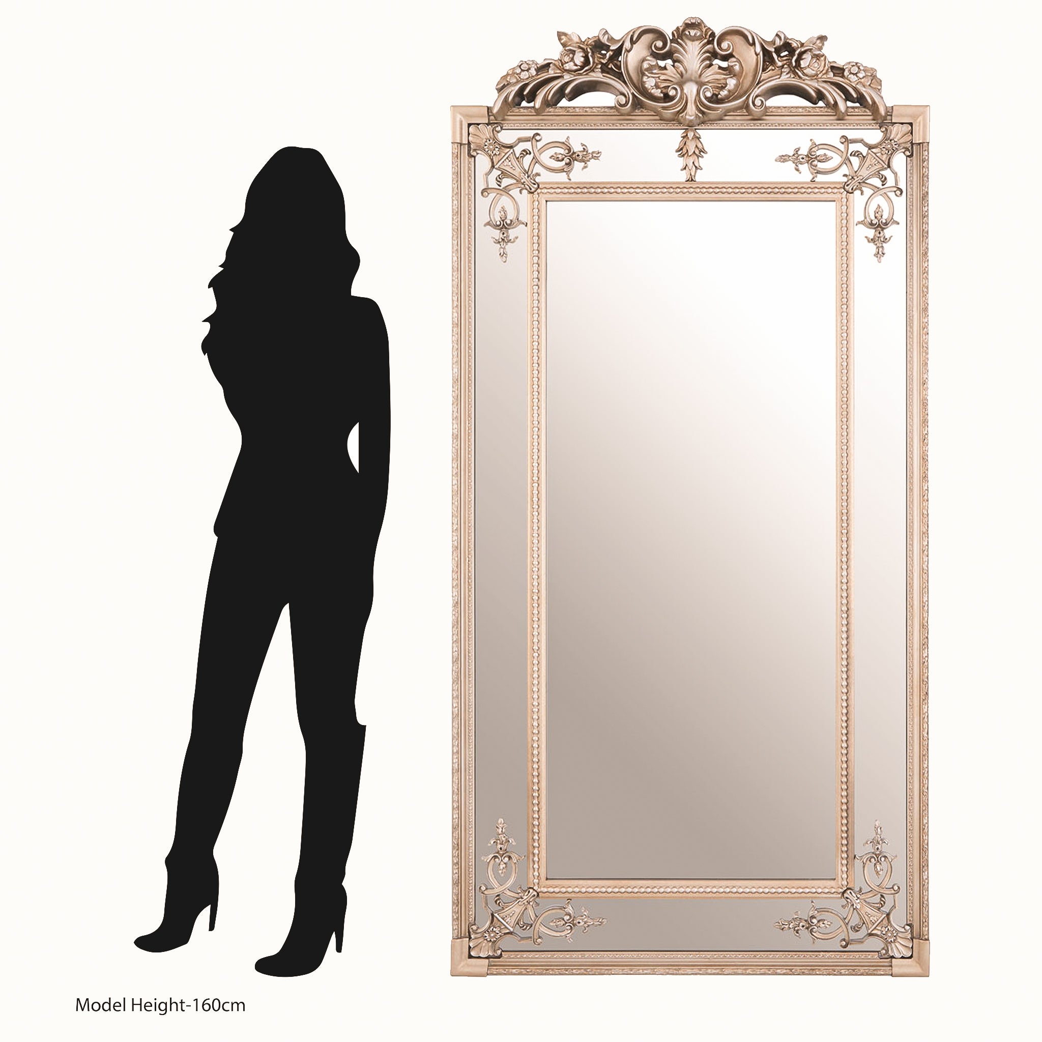 Valère Ornate Champagne Gilded Wall Mirror shown beside a 160cm figure for scale, highlighting its tall 185cm height, statement proportions and elaborate decorative frame.