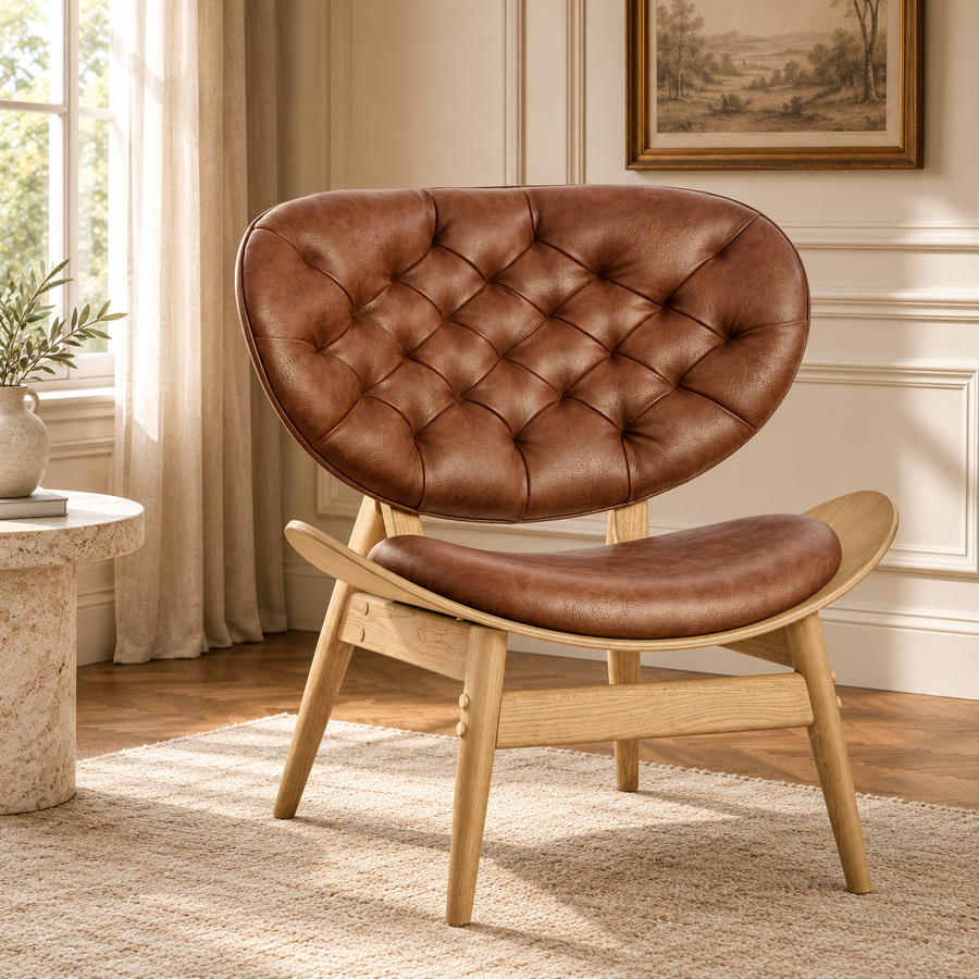 Vincent Tufted Lounge Chair – Brown Leather Effect Upholstery with Solid Elm Wood Frame