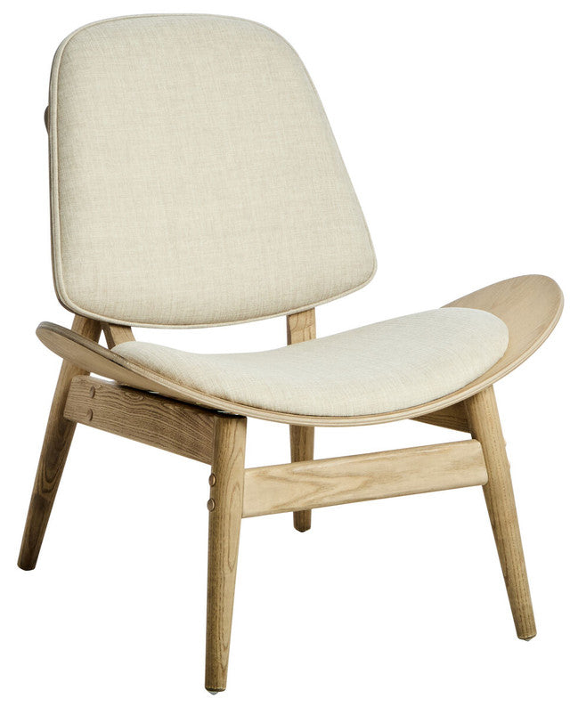 Angled front view of the Vincent Lounge Chair displaying soft beige fabric upholstery, ergonomic curved seat, washed solid elm wood frame and iconic mid-century modern styling, ideal as a designer accent chair.