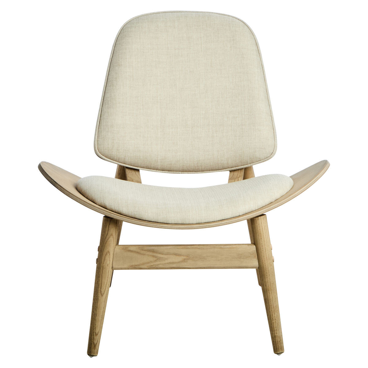 Front view of the Vincent Lounge Chair featuring beige fabric upholstery, sculpted curved seat, supportive upholstered backrest and a washed solid elm wood frame, showcasing a timeless mid-century modern lounge chair for luxury living rooms and reading corners.