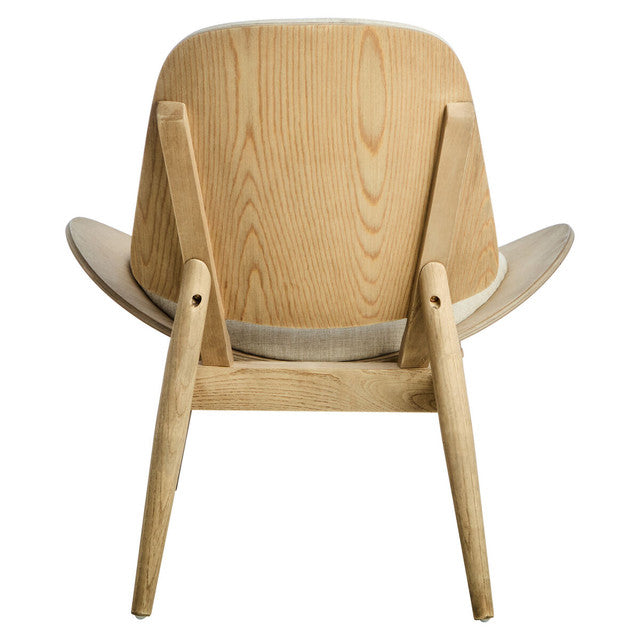 Rear view of the Vincent Lounge Chair showcasing the exposed washed solid elm wood backrest, handcrafted frame, curved armrests and premium construction from every angle.