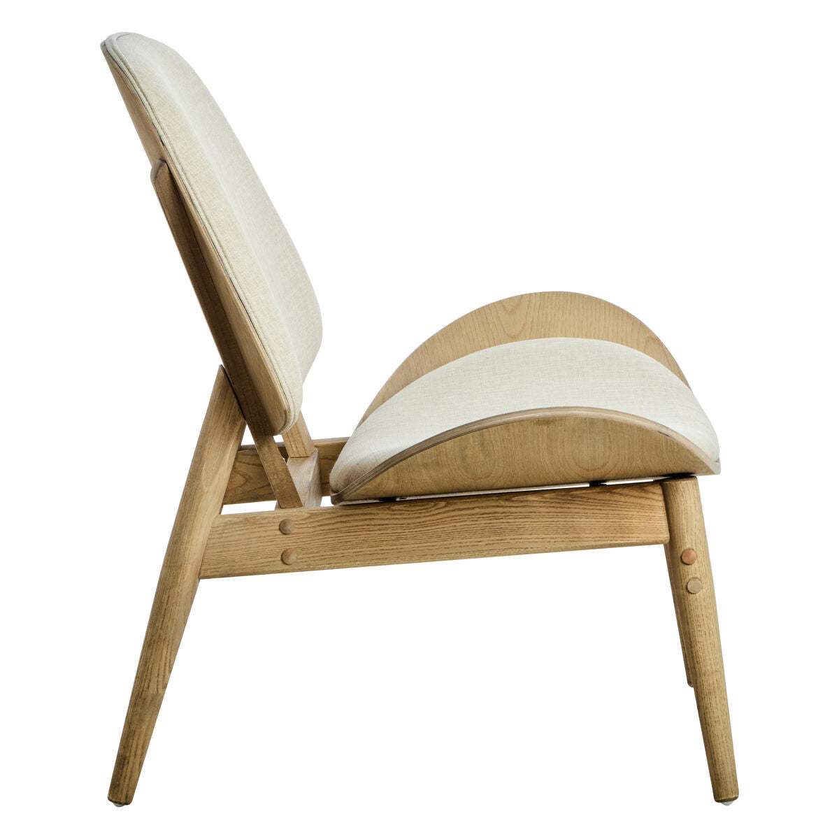 Side profile of the Vincent Lounge Chair highlighting the gently reclined upholstered backrest, sculptural curved seat and handcrafted washed solid elm wood frame with tapered legs.