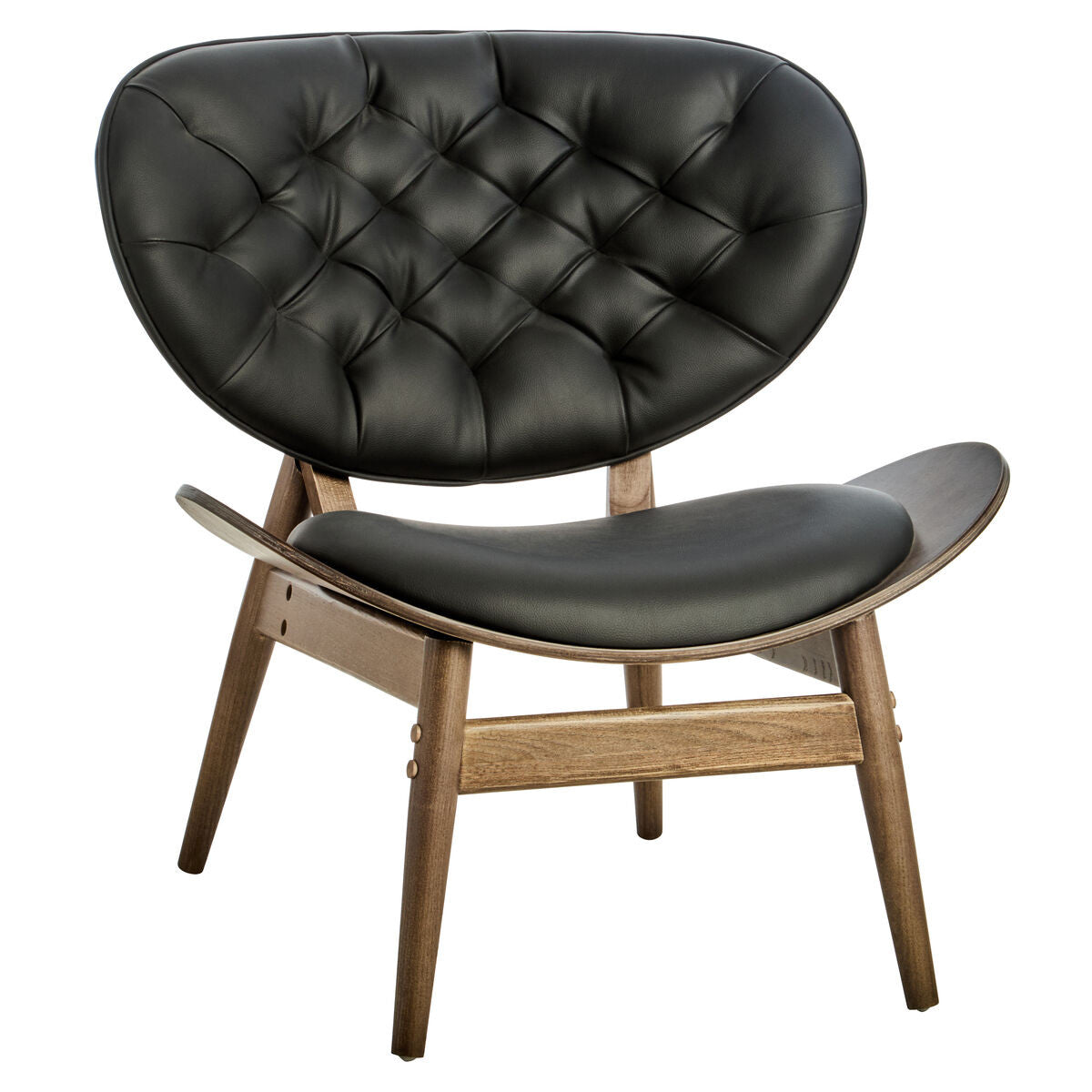 Angled front view of the Vincent Tufted Lounge Chair showcasing black leather effect upholstery, sculpted curved seat, button tufted backrest and solid elm wood frame in a timeless mid-century modern design.