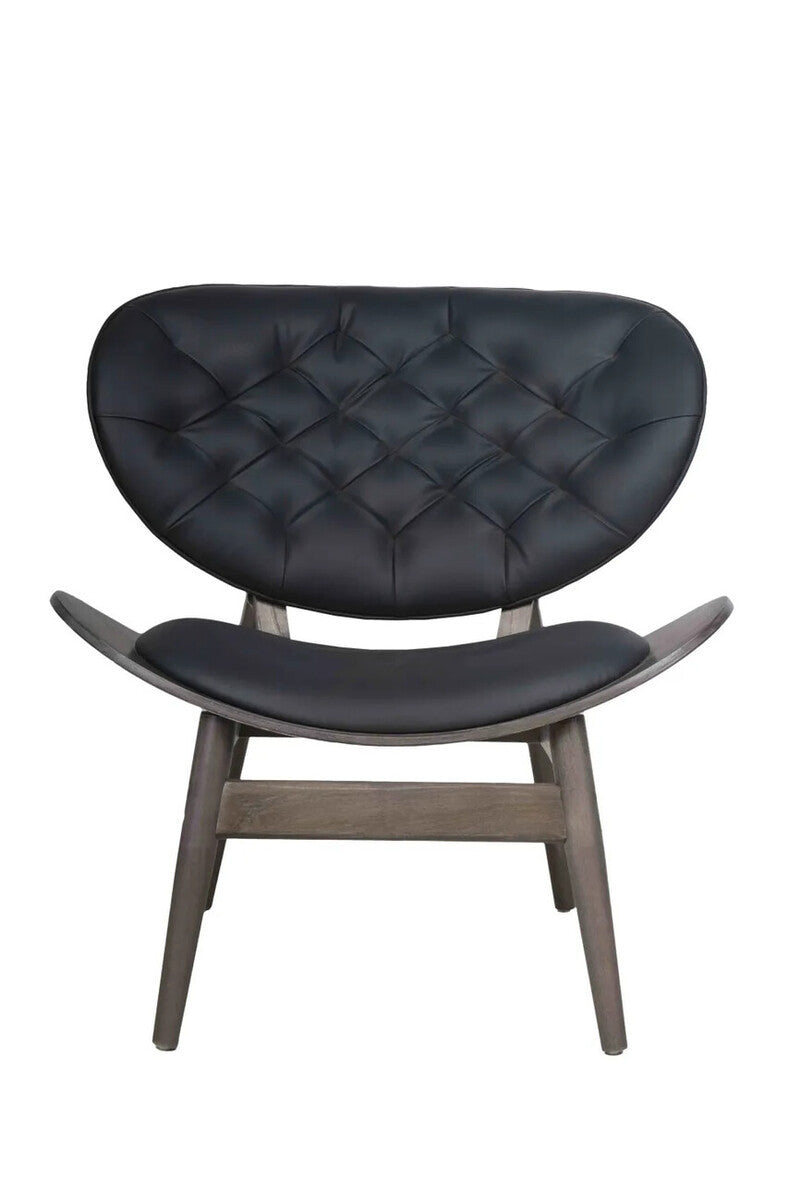 Front profile of the Vincent Tufted Lounge Chair displaying its generously padded black leather effect seat, button tufted backrest and handcrafted solid elm wood frame with elegant curved lines.