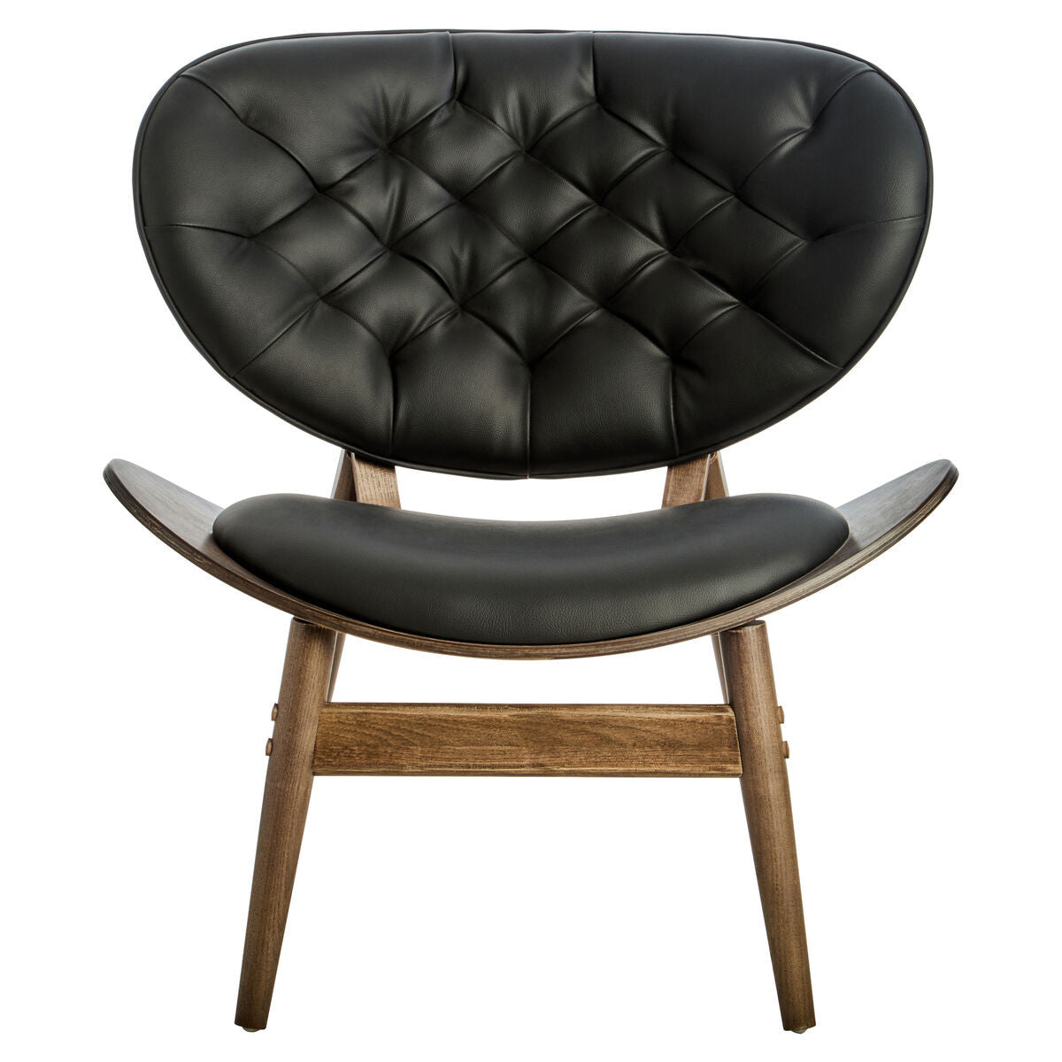Front view of the Vincent Tufted Lounge Chair featuring black leather effect upholstery, deep button tufted backrest, curved seat and solid elm wood frame with tapered legs, ideal as a mid-century modern living room accent chair.