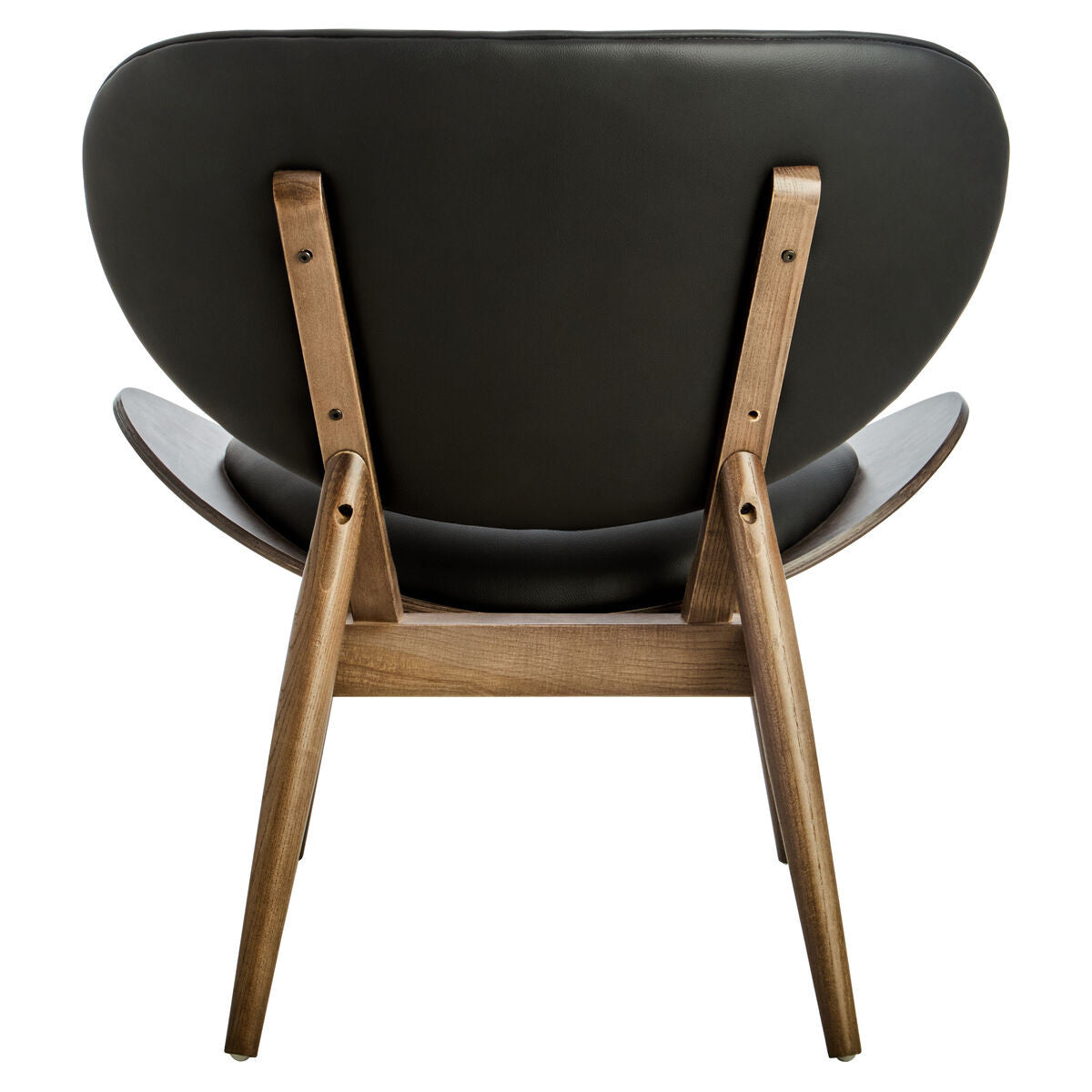 Rear view of the Vincent Tufted Lounge Chair displaying the sculpted black leather effect backrest, exposed solid elm wood frame, tapered legs and iconic mid-century modern styling.