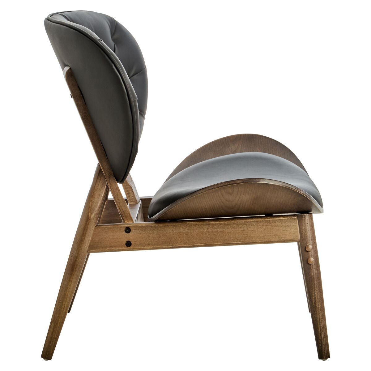 Side profile of the Vincent Tufted Lounge Chair highlighting its ergonomic curved seat, upholstered black leather effect backrest, solid elm wood frame and tapered legs for modern living spaces.