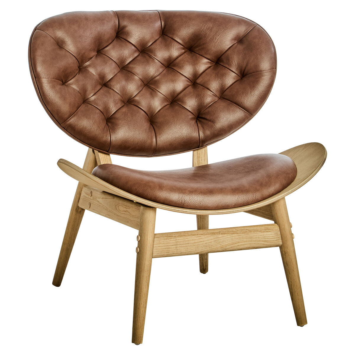 Angled view of the Vincent Tufted Lounge Chair showcasing rich brown leather effect upholstery, sculpted seat, button tufted backrest and solid elm wood frame in a timeless mid-century modern design.