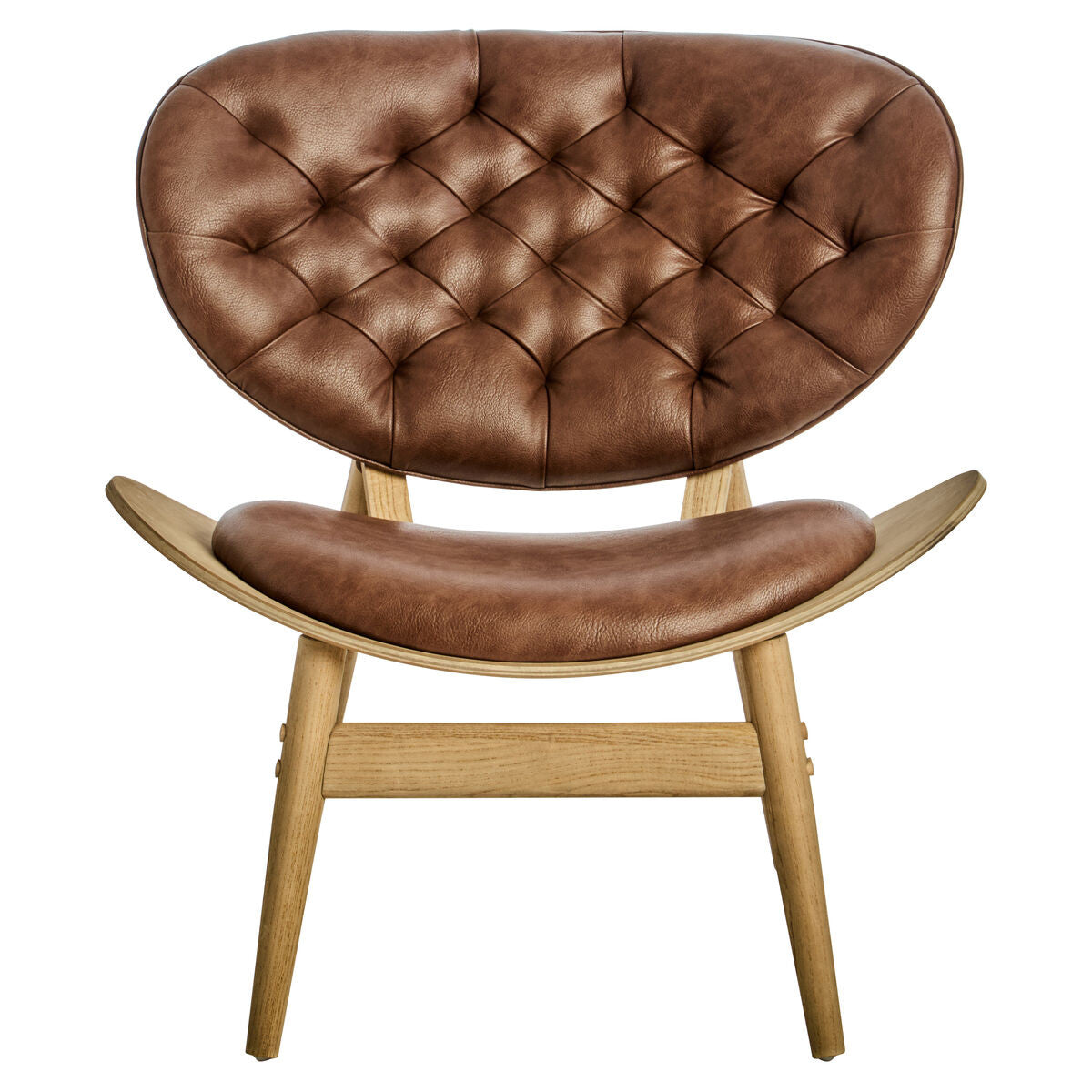 Front view of the Vincent Tufted Lounge Chair featuring brown leather effect upholstery, deep button tufted backrest, curved seat and solid elm wood frame with tapered legs, ideal as a mid-century modern living room accent chair.