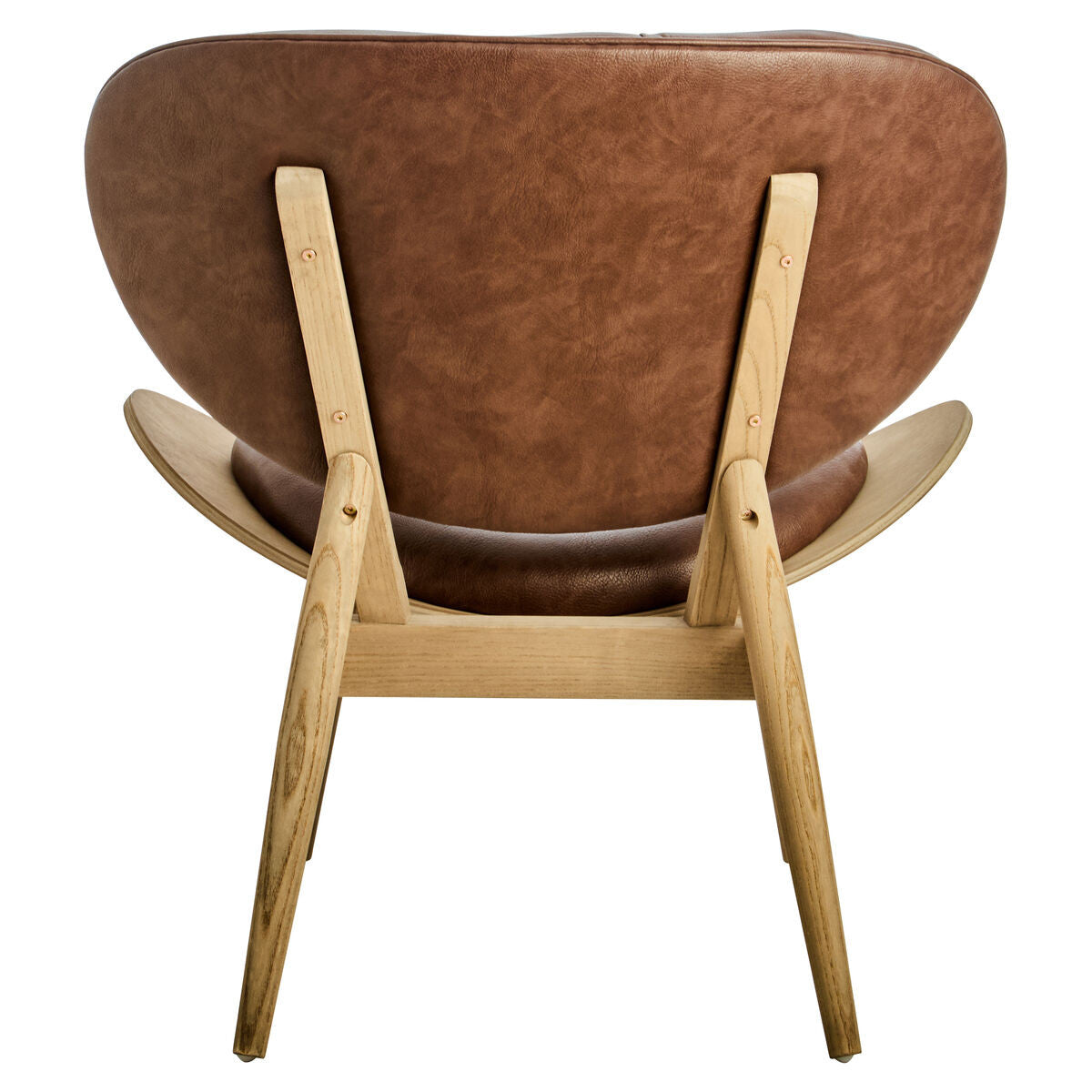 Rear view of the Vincent Tufted Lounge Chair featuring the sculpted brown leather effect backrest, exposed solid elm wood frame, tapered legs and distinctive mid-century modern styling.