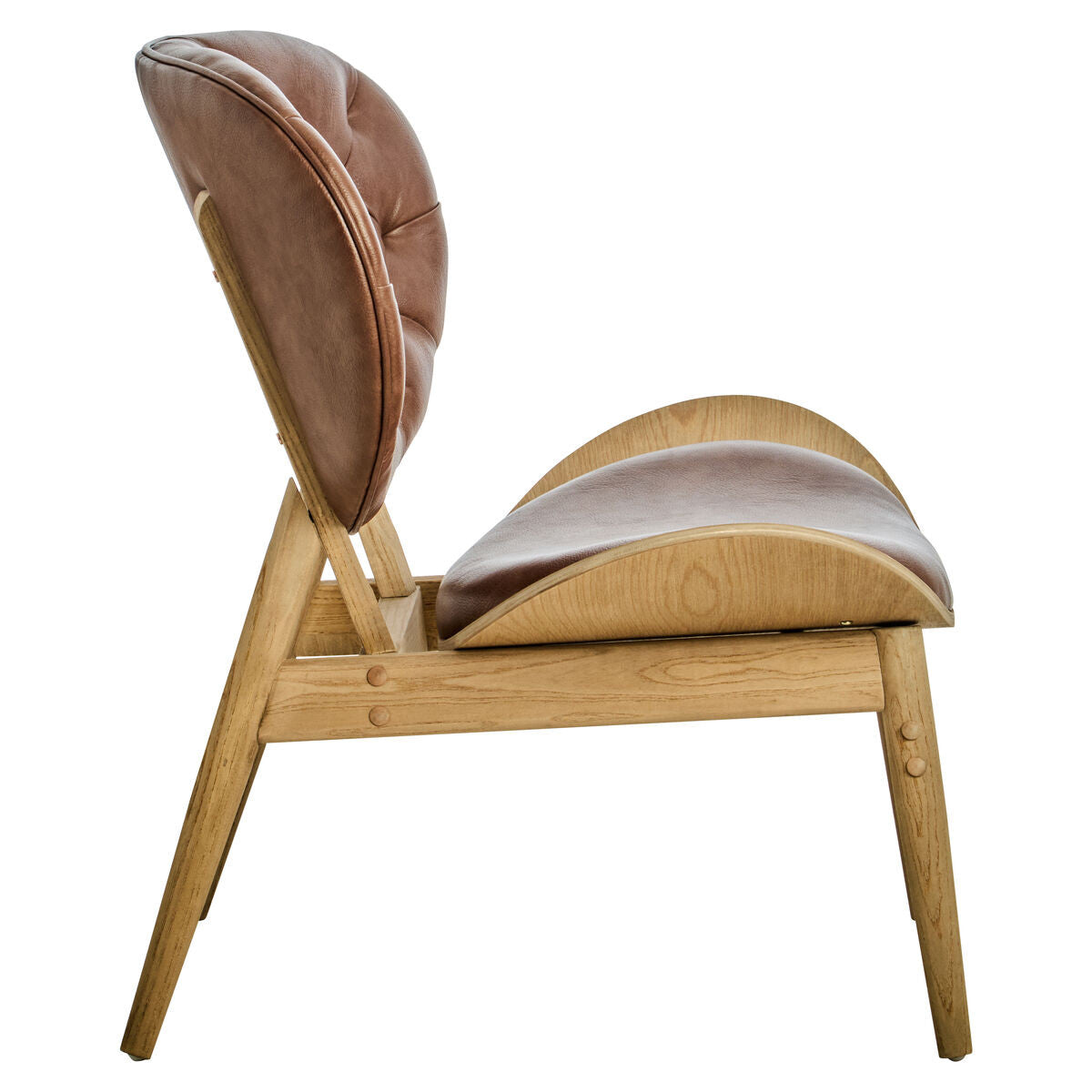Side profile of the Vincent Tufted Lounge Chair highlighting its ergonomic curved seat, upholstered backrest, solid elm wood frame and elegant tapered legs for contemporary living spaces.