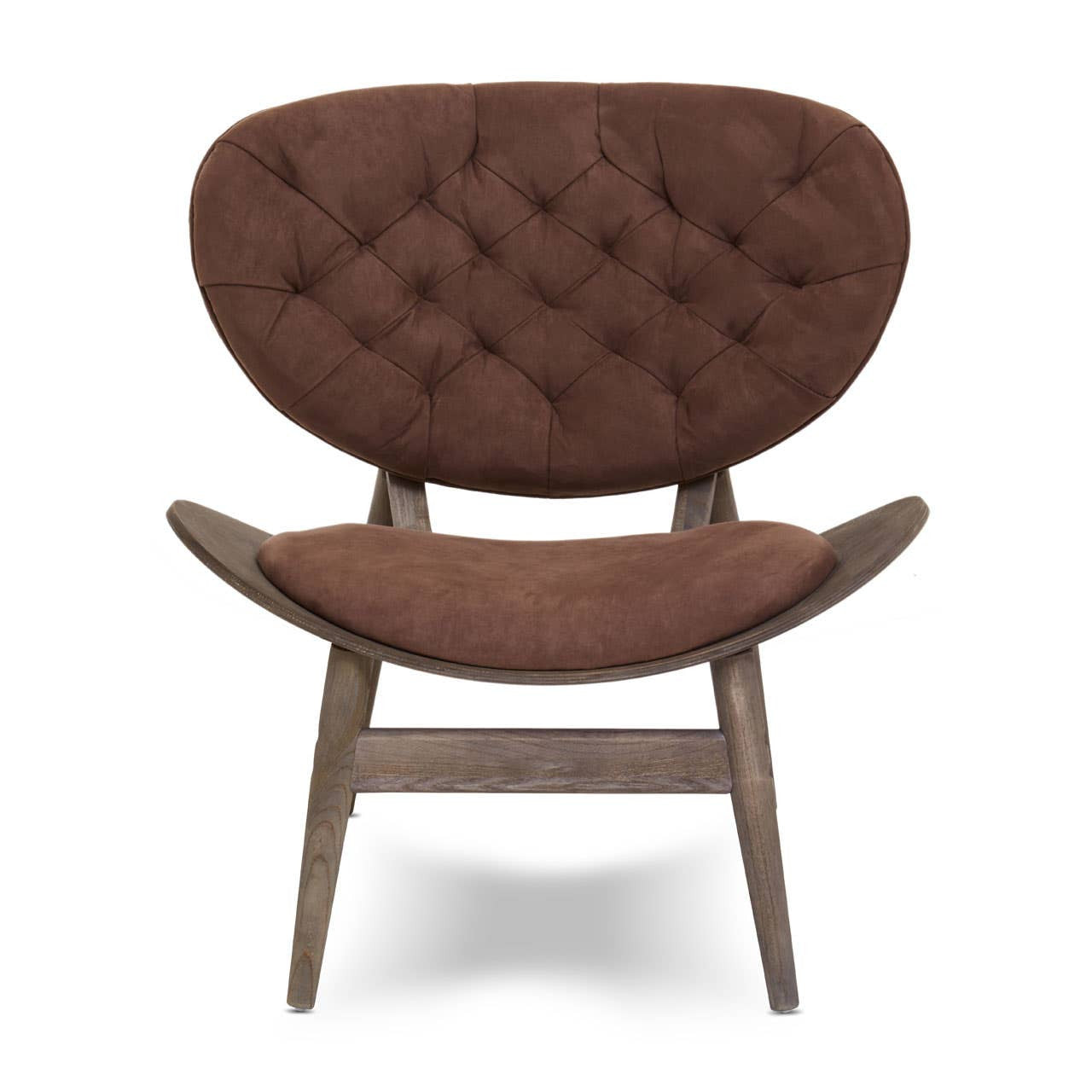 Front view of the Vincent Tufted Lounge Chair featuring rich brown velvet upholstery, deep button tufted backrest, sculpted curved seat and dark solid elm wood frame, creating a timeless mid-century modern lounge chair for luxury living spaces.