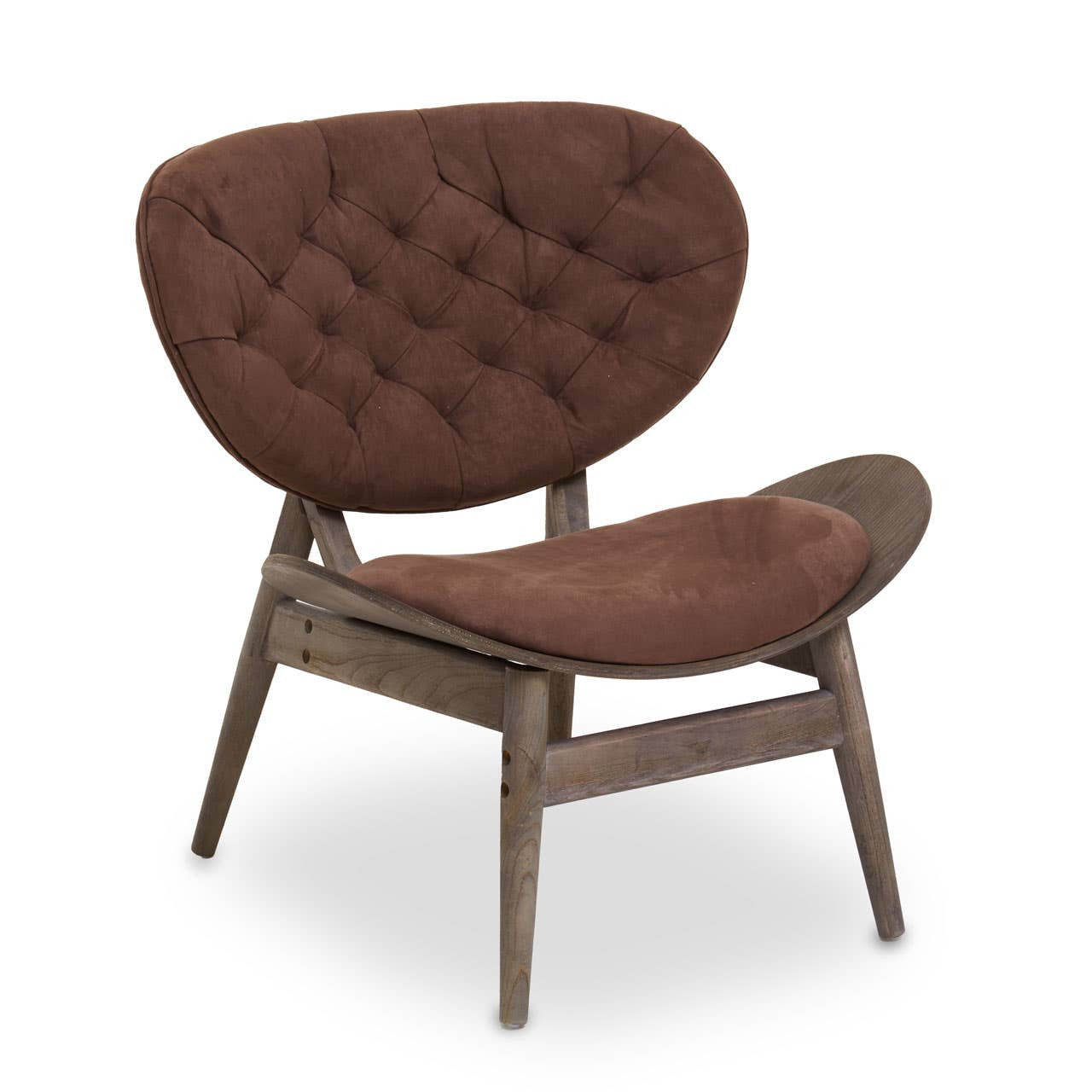 Three-quarter view of the Vincent Tufted Lounge Chair displaying luxurious brown velvet upholstery, sculptural curved seat, deep button tufting and a dark solid elm wood frame, ideal as a designer accent chair.