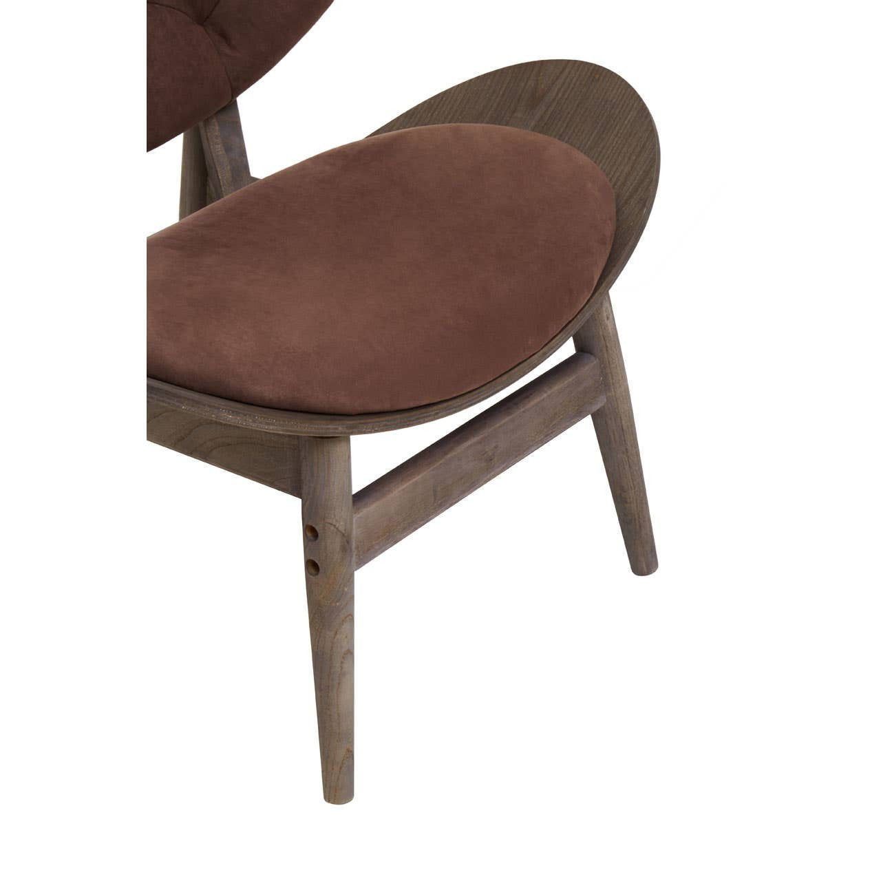 Close-up of the Vincent Tufted Lounge Chair showcasing the generously padded brown velvet seat, curved dark solid elm wood shell and premium upholstery craftsmanship.