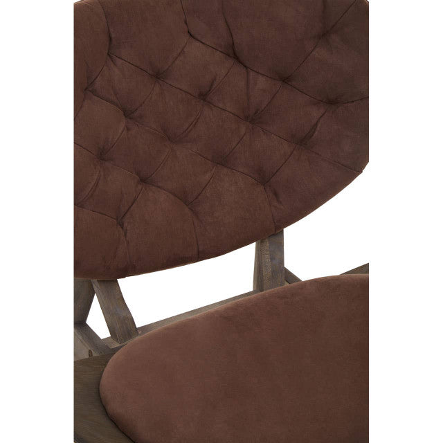 Detailed close-up of the Vincent Tufted Lounge Chair featuring luxurious brown velvet upholstery, deep button tufting, refined stitching and premium furniture craftsmanship.