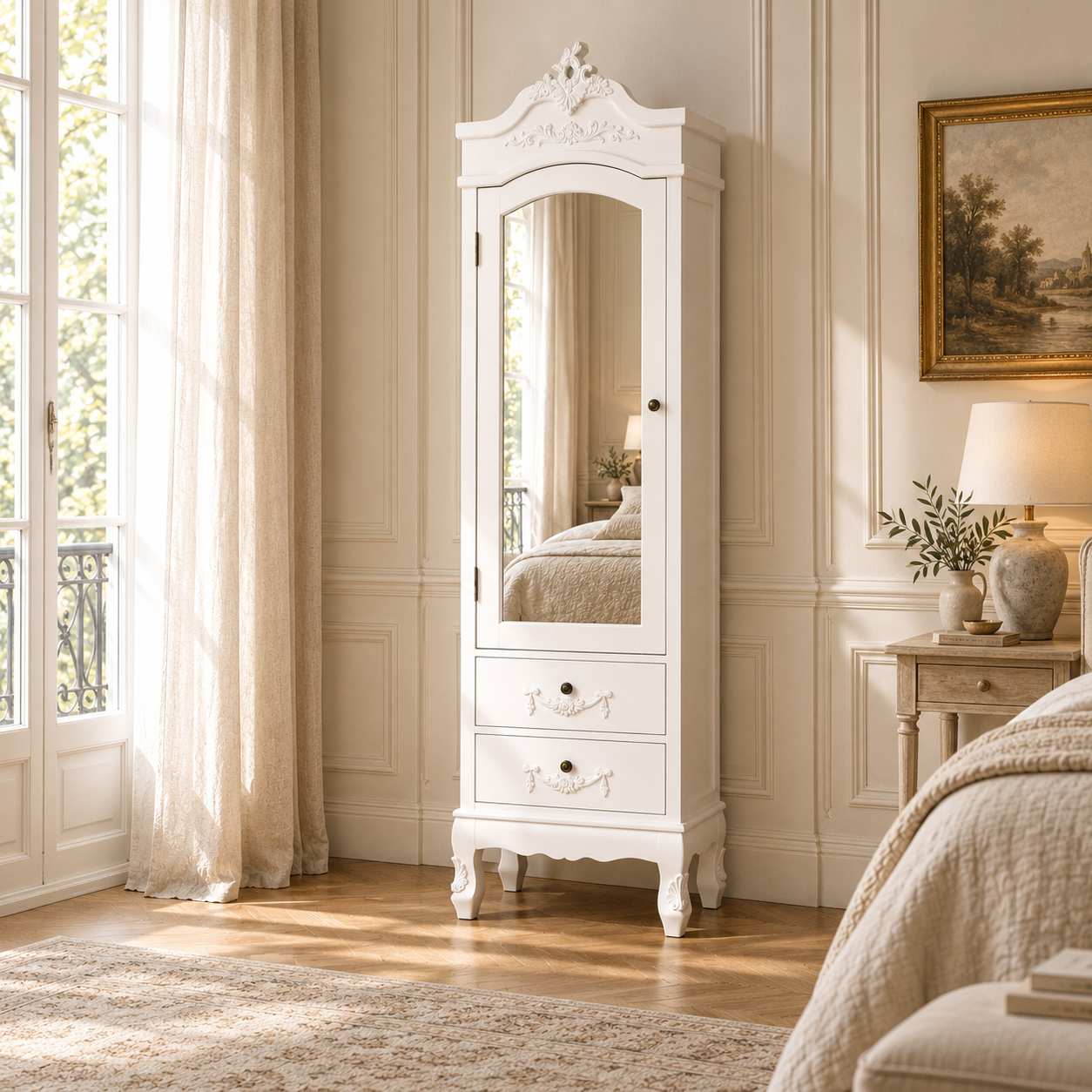 Vivienne 188cm white mirrored armoire wardrobe with 2 drawers in a sunlit cream panelled bedroom.