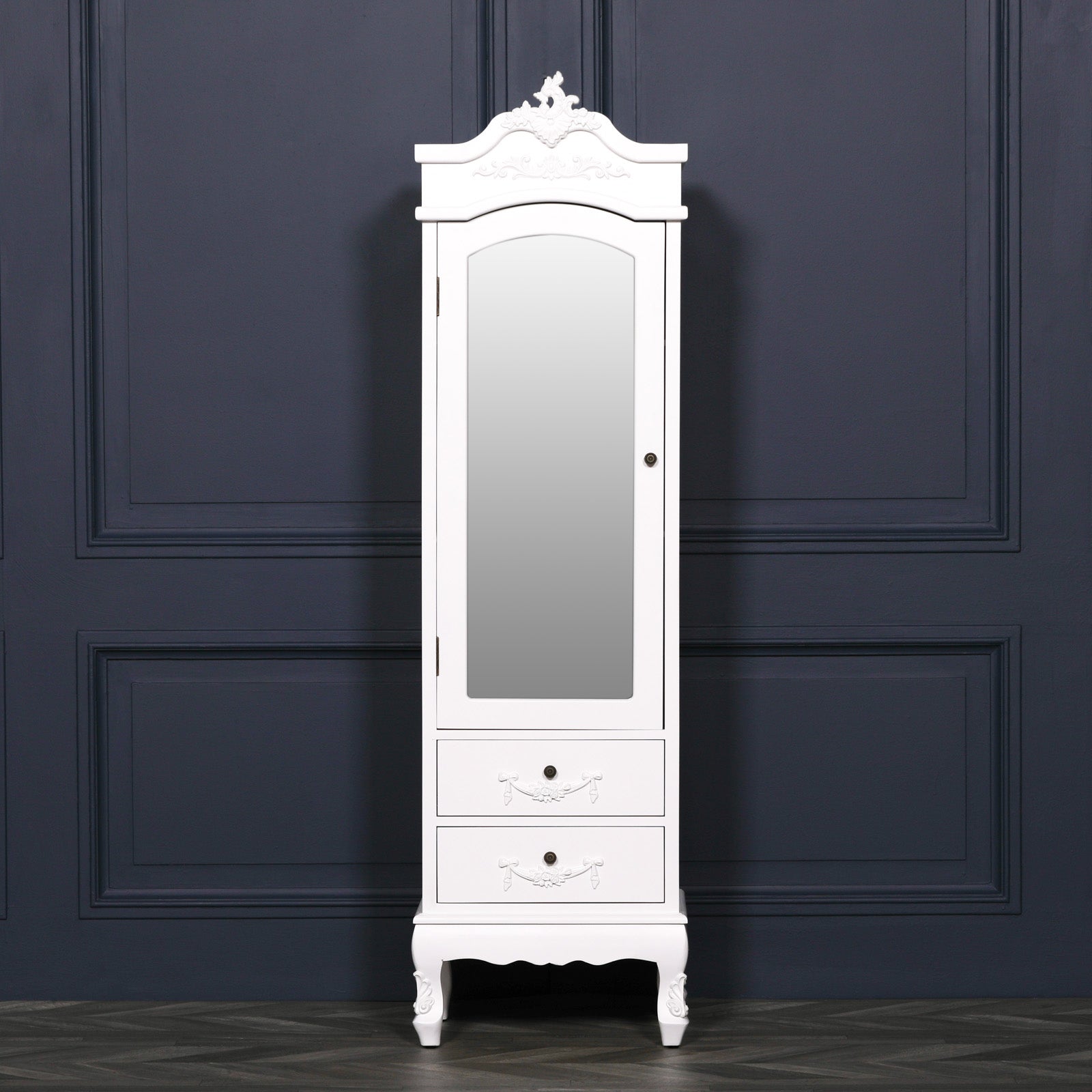 Vivienne 188cm white mirrored single door armoire with 2 drawers against a dark navy panelled wall.