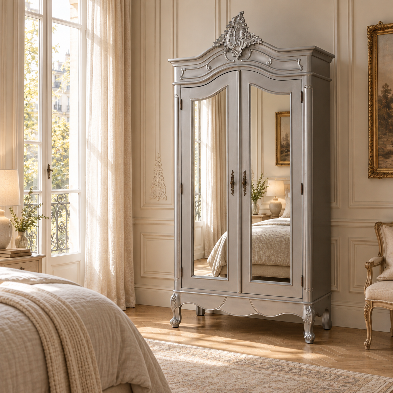 Vivienne silver mirrored double door armoire with ornate carving in a bright classic bedroom with armchair and curtains.