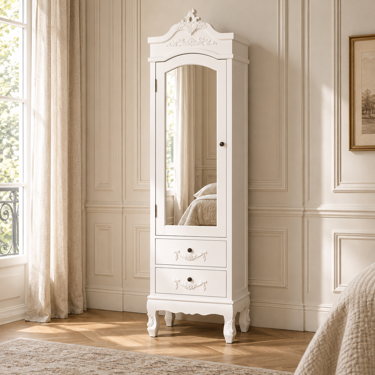 Vivienne tall white mirrored armoire with 2 drawers in a bright cream panelled bedroom by a window.